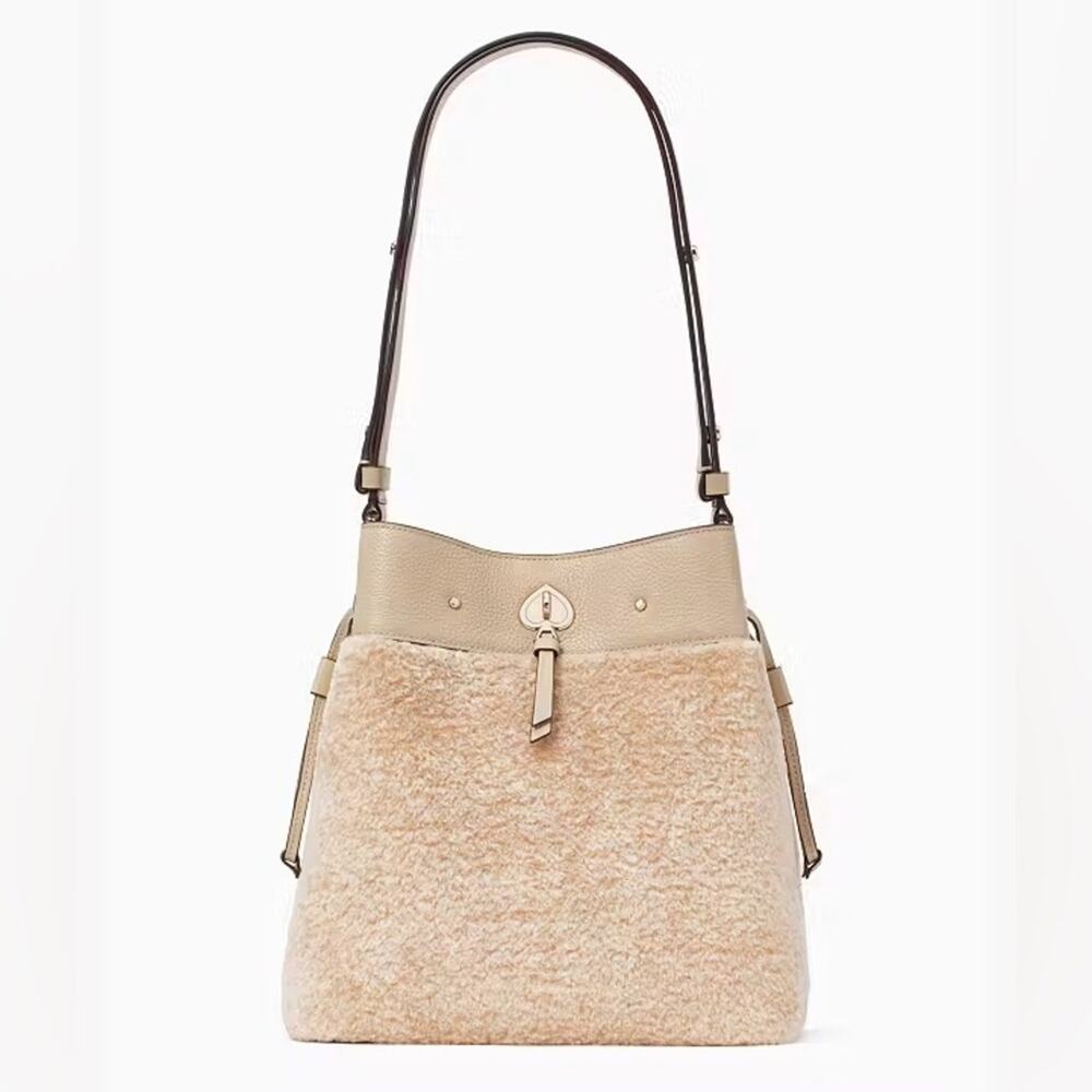 Kate Spade Marti Faux Shearling Bucket Bag Purse Tan Neutral